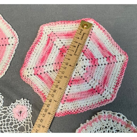 Handmade Crochet Doilies Set Of 4 Pink & White Vintage Style Decorative - Picture 4 of 7